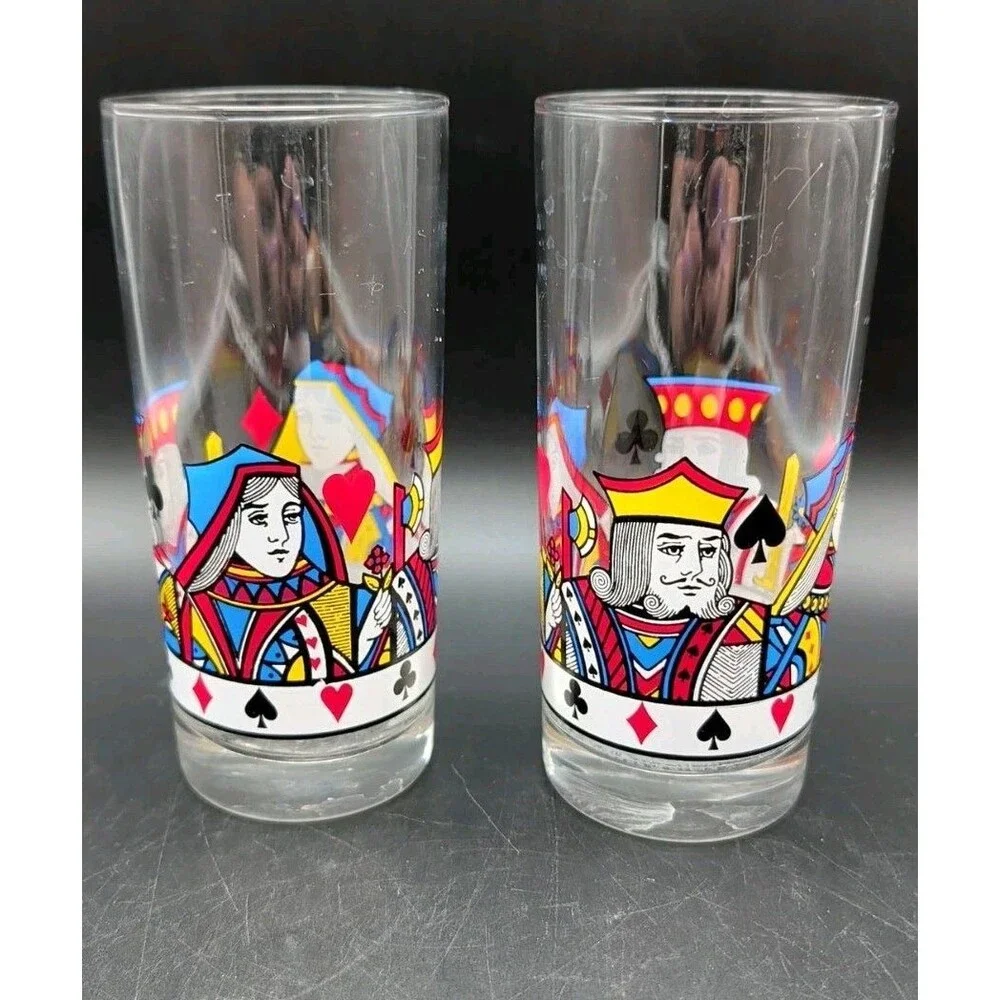 2 VTG LIBBEY Kings & Queens Highball Glass Set 16oz Tumbler Playing Cards MCM